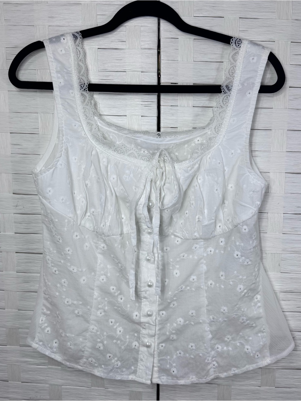 White Eyelet Embroidered Cottagecore Button Down Tank Top
